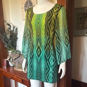 NWT Style&Co size small Green and Yellow Geometric Dress sheer sleeves